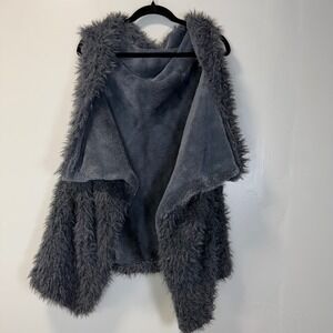 Ellie & Kate Gray Cozy Faux Fur Shaggy Vest Open Front Sleeveless Jacket S/M